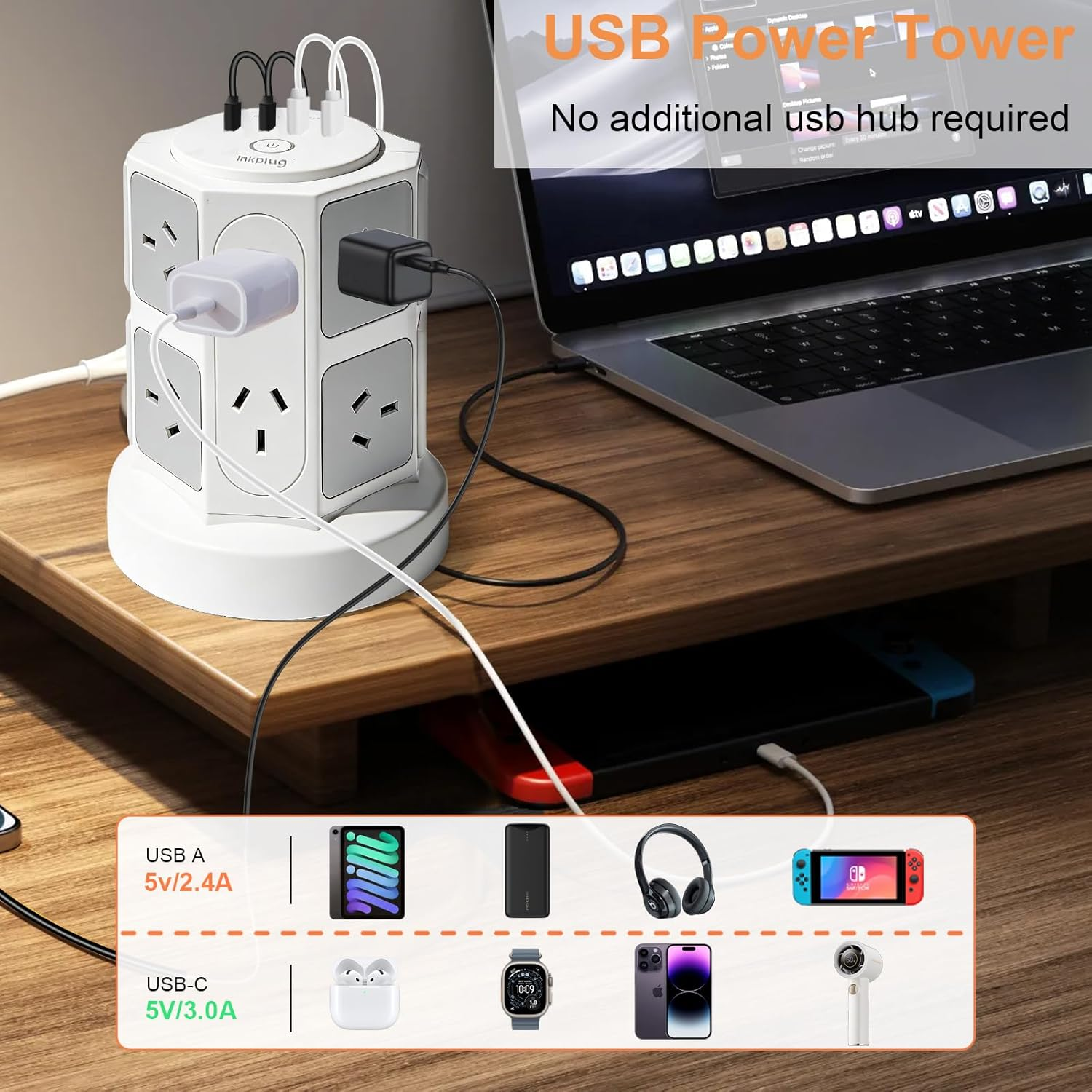 Inkplug Power Board Surge Protected with 12 Widely Outlets, Powerboard with 2 USB C & 2 USB A, 1050J Surge Protector, 2 M Extension Cord, Power Board Tower for Home, Office, School, image number 2