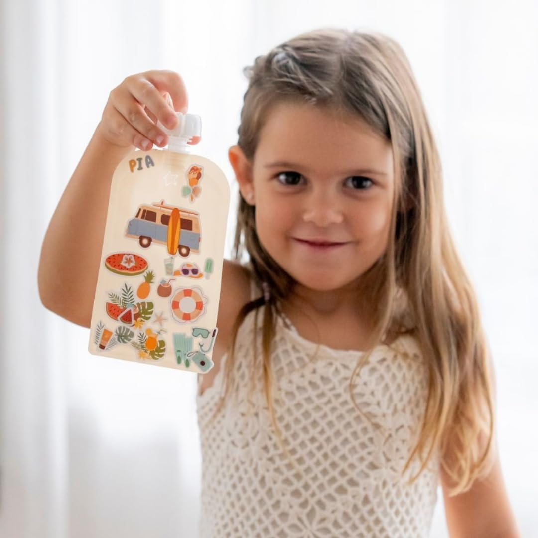 Cherub Baby Refillable Baby Food Pouches 150Ml, Non-Spill, Bpa-Free Leak Proof Yoghurt Smoothie Puree Snack Storage for Toddlers, Freezer Safe Dishwasher Safe, 5 Pack Retro Rainbow with Stickers image number 4