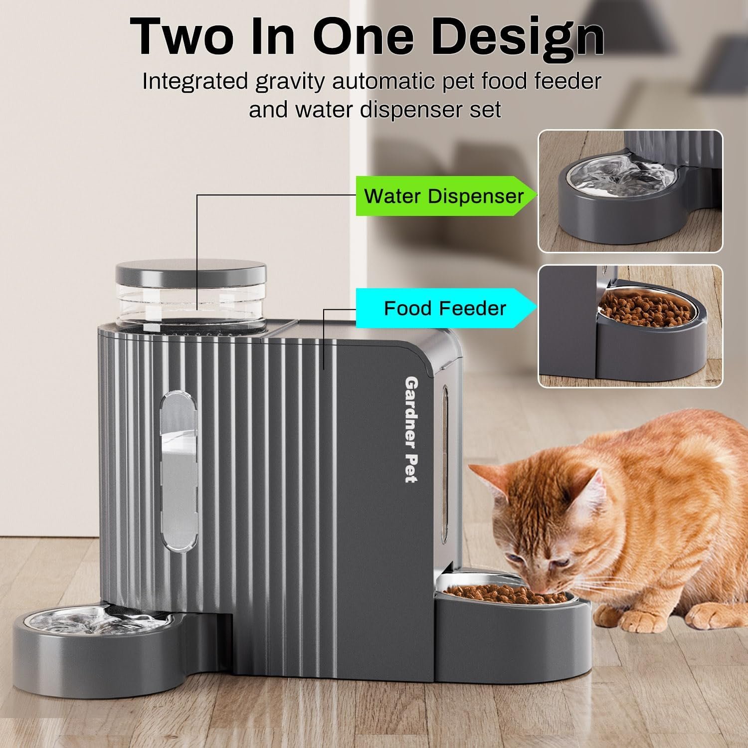 Gardner Pet Automatic Gravity Cat Food Feeder and Water Dispenser Stainless Steel Two-In-One Set Large Capacity Dispenser for Pets Dogs, Puppies, Kittens, Rabbits image number 1
