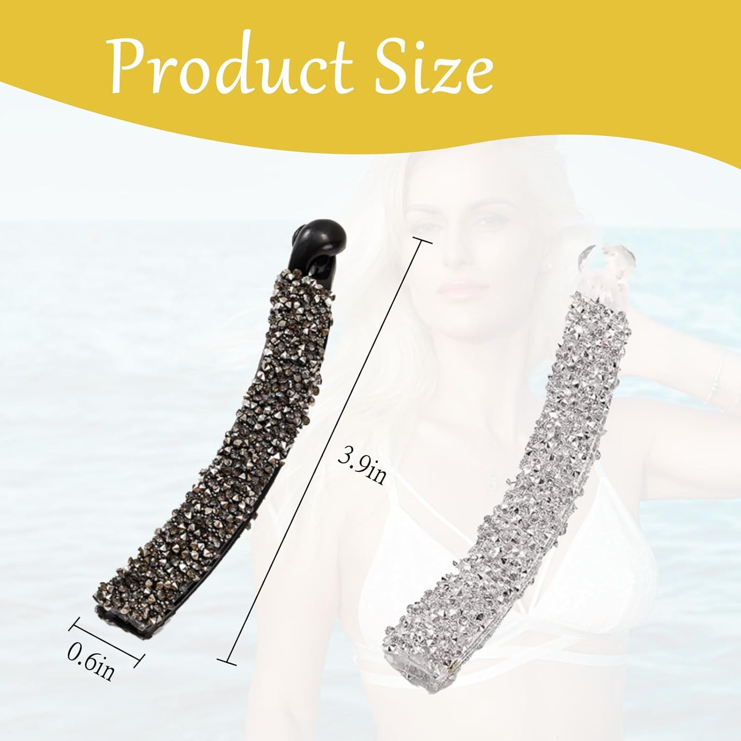 Pack of 2 Hair Clips Women'S Rhinestone, French Hair Clip Silver, Banana Clip Glitter, Hair Clips Women'S Elegant Rhinestone, Banana Clip, Suitable for Women, Girls (Black, White)