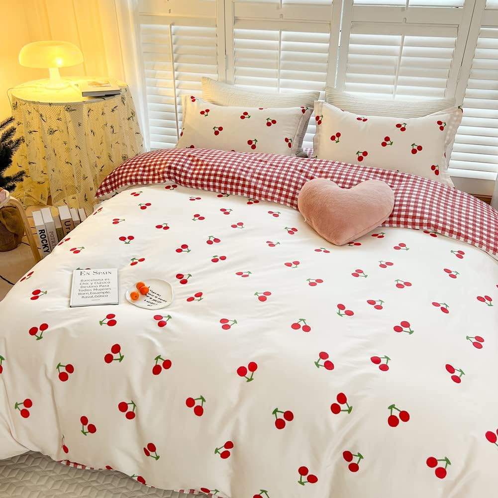 Blueblue Cherry Kids Duvet Cover Set Queen 100% Cotton Bedding for Boys Girls Teens Cartoon Red Cherries Pattern on White 1 Cute Fruit Full Comforter Cover 2 Pillow Shams (Queen) image number 3