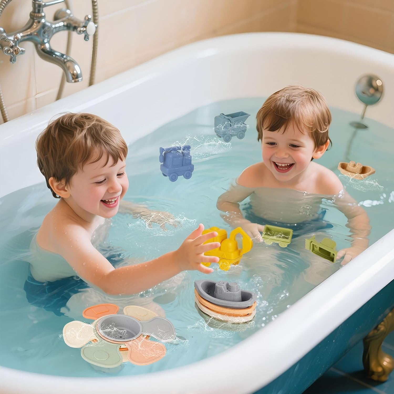 Silicone Baby Bath Toys, 15 Pcs Infant Squirty Bathtub Toys, Floating Bath Toys with Bath Boats/ Stacking Cups/ Car Water Spray Toys/ Storage Bag for 1 2 3 4 Boys Girls Kids image number 6