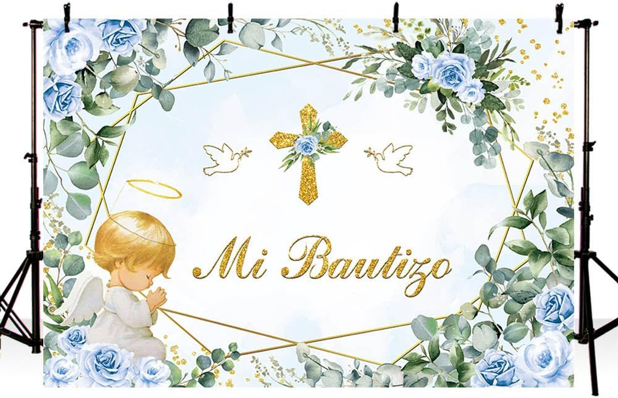 MEHOFOND 2.1 X 1.5 M Blue Boy Christening Background Angel Baby My Communion Cross Photography Background Dove Communion Church Christening Party Decoration Banner Studio Supplies image number 1
