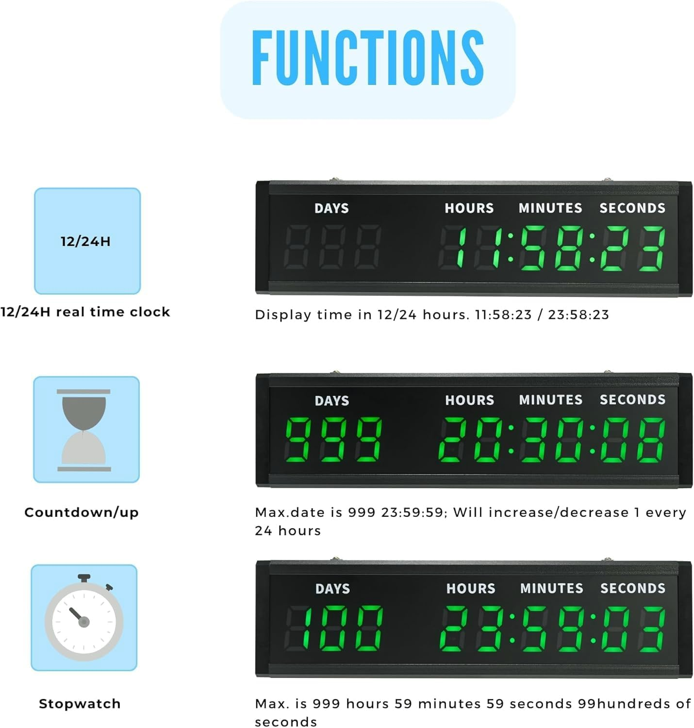 Digital Count up & Count down Timer, Large LED Display & 2" Bold Green Font, 999-Day Countdown, 12/24H Clock with Buzzer & Remote Control image number 3