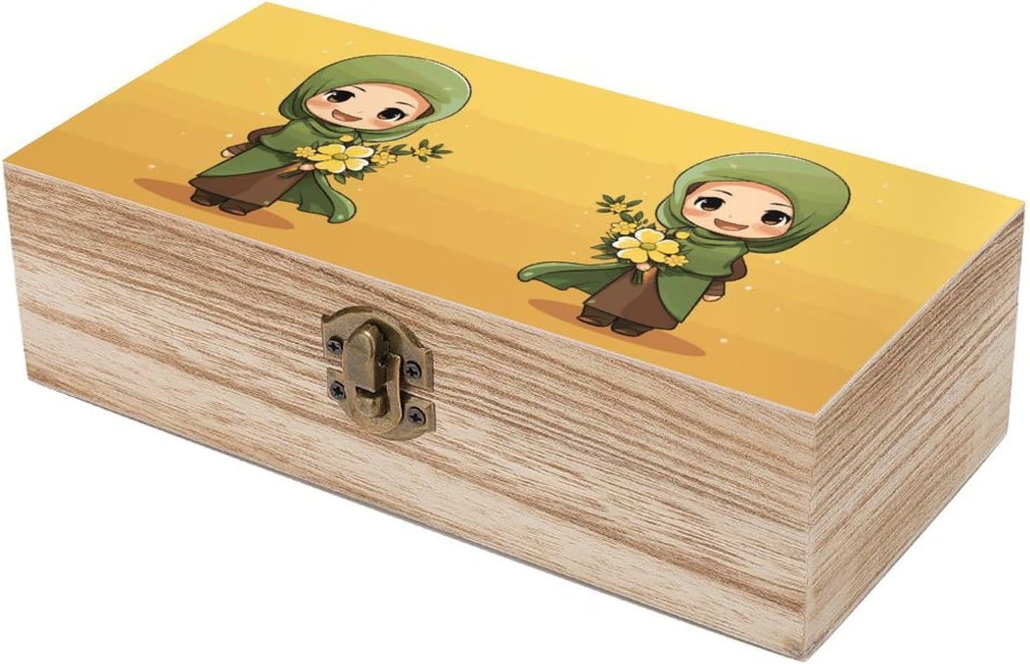 Cartoon Muslim Girl Wooden Box Wood Wedding Keepsake Boxes with Lids Small Decorative Boxes Lightweight Wooden Memory Storage Box for Crafts Keepsakes Jewelry Photo Letter Storage image number 5