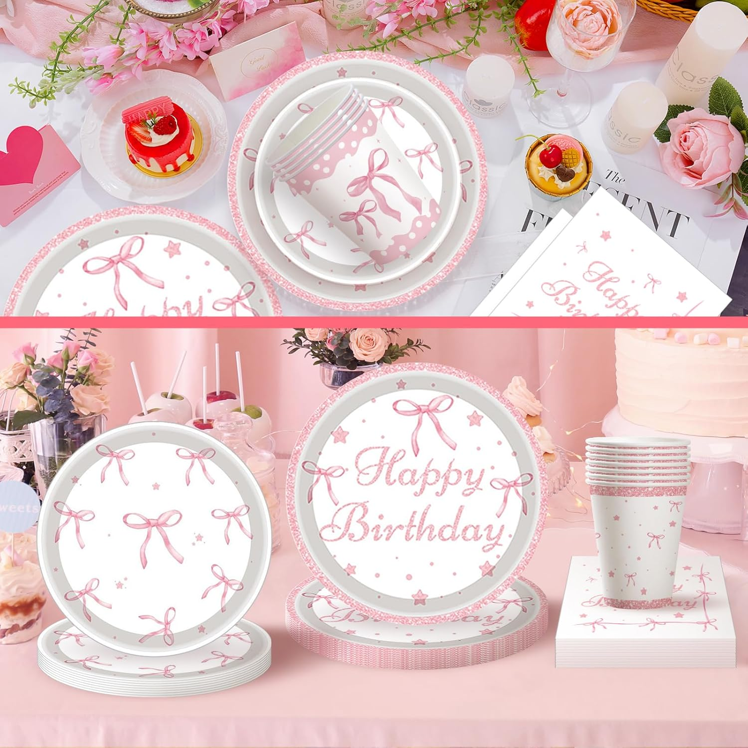 PEKGLOW 84Pcs Bow Party Supplies Pink Bow Plates Napkins Tableware Bowknot Dinnerware for Women'S Coquette Birthday Party Supplies Paper Plates Bachelorette Engagement Pink Birthday Decoration image number 1