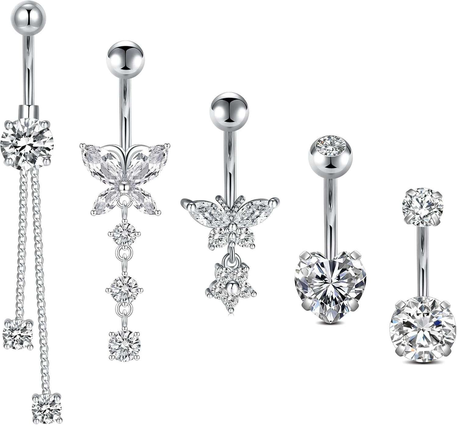 Incaton 14G Belly Button Rings Stainless Steel Dangling Butterfly Heart Diamond Belly Rings Dangle Navel Piercing Jewelry for Women