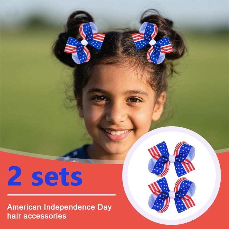 Fourth of July Hair Bow Clips USA American Flag Hair Pins Accessories Red White Blue Stars Stripes Bow-Knot Ribbon Barrette Patriotic Independence Day 4Th of July Headpiece Headwear Outfit 2 PCS image number 3