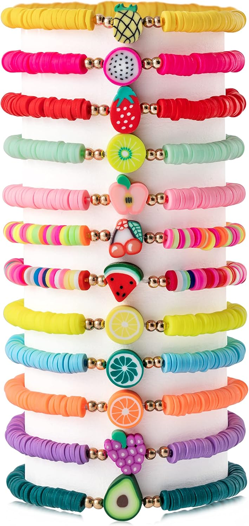 JAPBOR 12Pcs Fruit Clay Bracelets, Colorful Surfer Disc Beaded Stretch Rope Bracelet for Girls Kids, Friendship Elastic Boho Women Child Play Jewelry Charms for Summer Beach Birthday Vacation Favor,