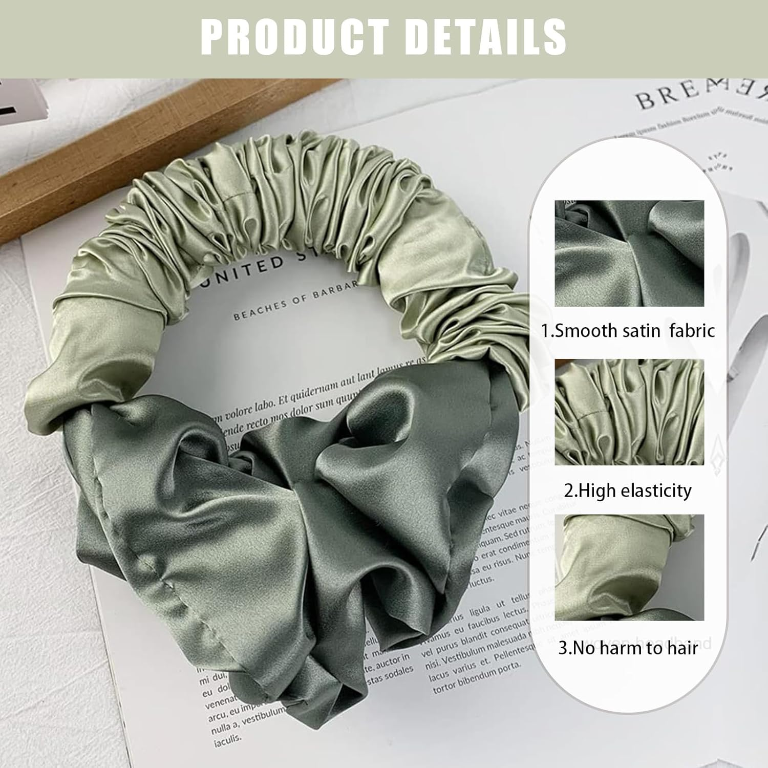 Yeomju Pack of 2 Green Heat Free Curls Silky Hair Bobbles for Women, Soft Elastic Satin Silk Hair Bobbles for Sleep, Silky Satin Hair Ties, Overnight Curls image number 2
