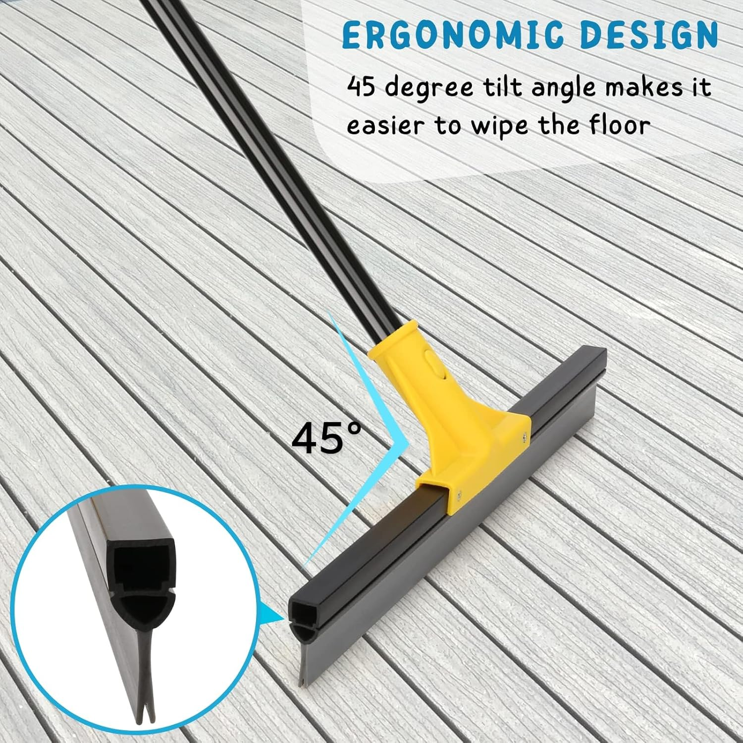 Squeegee Broom for Floor, 18'' Heavy Duty Rubber Wiper with 60'' Long Handle for Bathroom Tile, Garage Concrete, Deck, Shower Glass, Window Cleaning (Yellow) image number 1