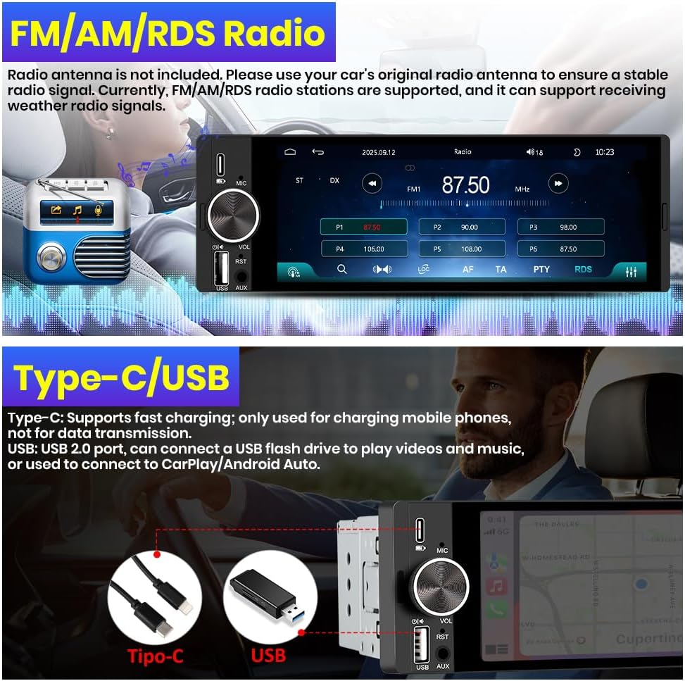 Junsun Single DIN Car Stereo with Carplay and Android Auto, Radio 1 Din with Reversing Camera FM AM RDS Type-C USB Port Function image number 2