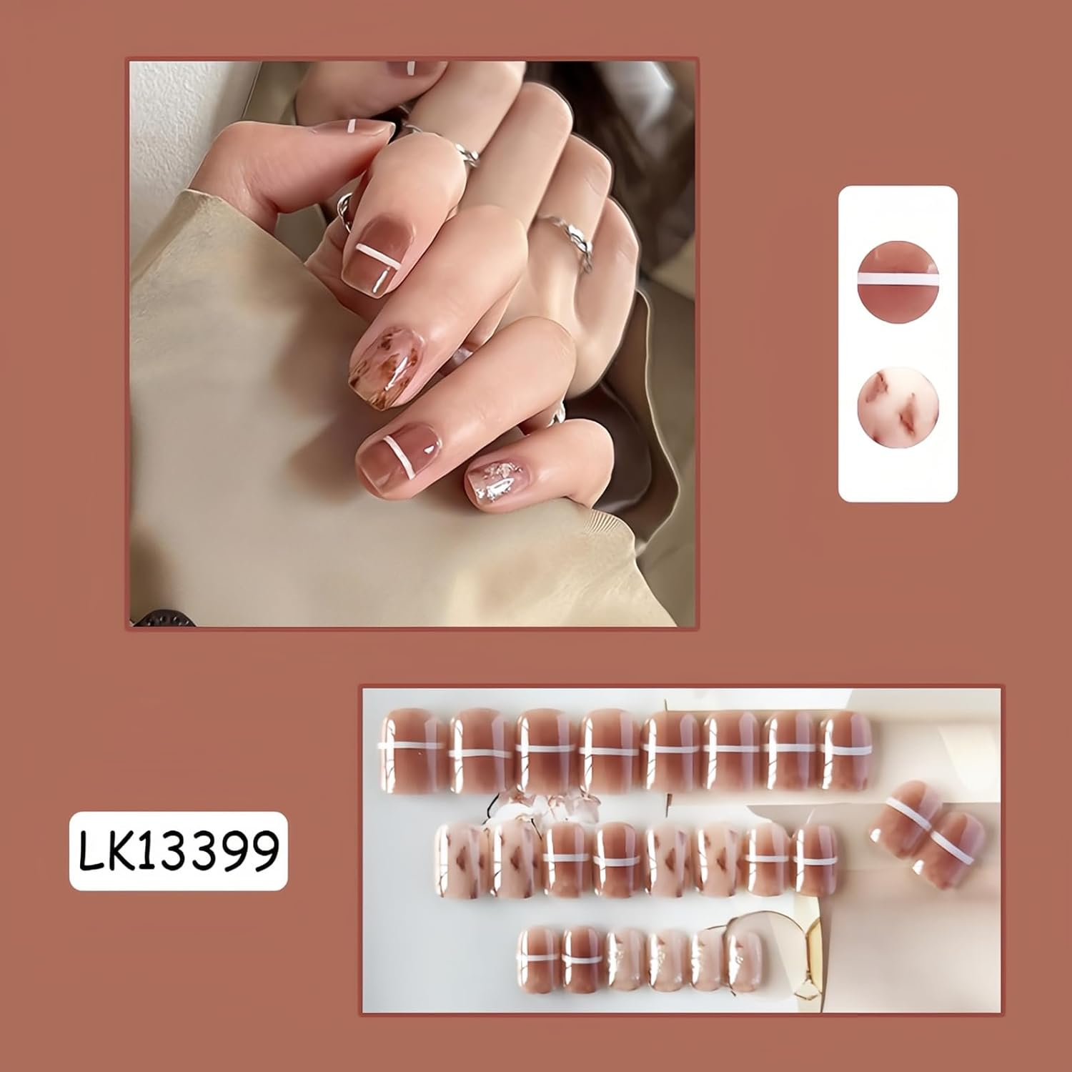 Press on Nails, 24Pcs Short Stick on Nails, Reusable Fake Nails, Full Cover Nails with Nail Tools, Manicure Art Decorations for Women Girls (13399, Short) image number 1