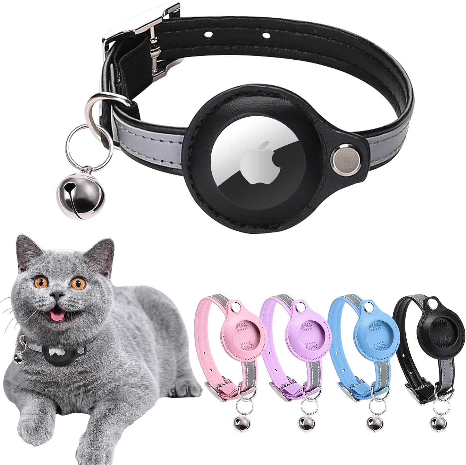 Airtag Cat Collar, Cat Collar with Bells, Reflective GPS Cat Collar, Cat Tracker Collar Leather Cat Collar for Cats (Black-S(9.3-12.0")) image number 5