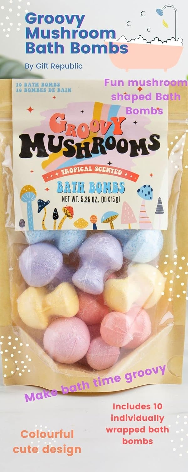 Gift Republic Groovy Mushrooms Bath Bombs, 10-Pack, 15G Each, Colourful Psychedelic Fizzy Bath Soak, Tropical Aromas, Moisturising Natural Ingredients, Relaxing Sensory Bath Experience image number 1