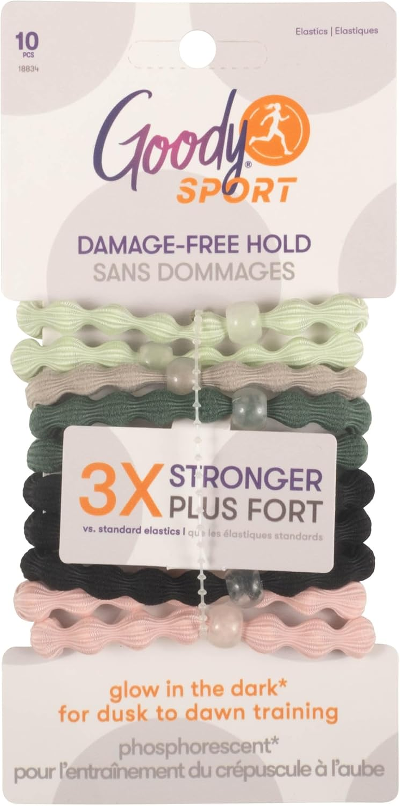 Goody Sport Forever Glow in the Dark Elastic Hair Ties - 10 Ct, 5 Assorted Colors, No Damage, 3X Stronger, Sport-Level Grip, All Hair Types