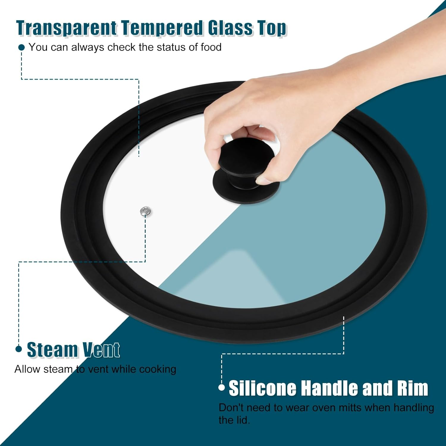 Universal Lid for Pots Pans and Skillets, 2 Pack Pan Cover Fit 7", 8" 9" & 10", 11", 12" Diameter Cookware, Silicone Replacement Pan Lid Pot Lids for Frying Pans, Cast Iron,Tempered Glass Lid image number 6