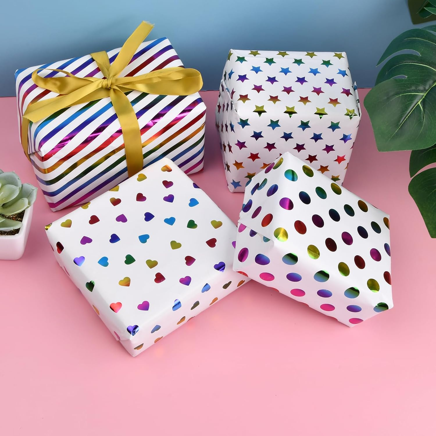 4 Sheets of Colourful Gift Wrapping Paper 27 * 19In Colourful Gift Packaging Set, Gift Wrapping Paper Mini Roll with Iridescent Stripes Printed Paper, Diy Wrapping Paper for Birthday Wedding Holiday