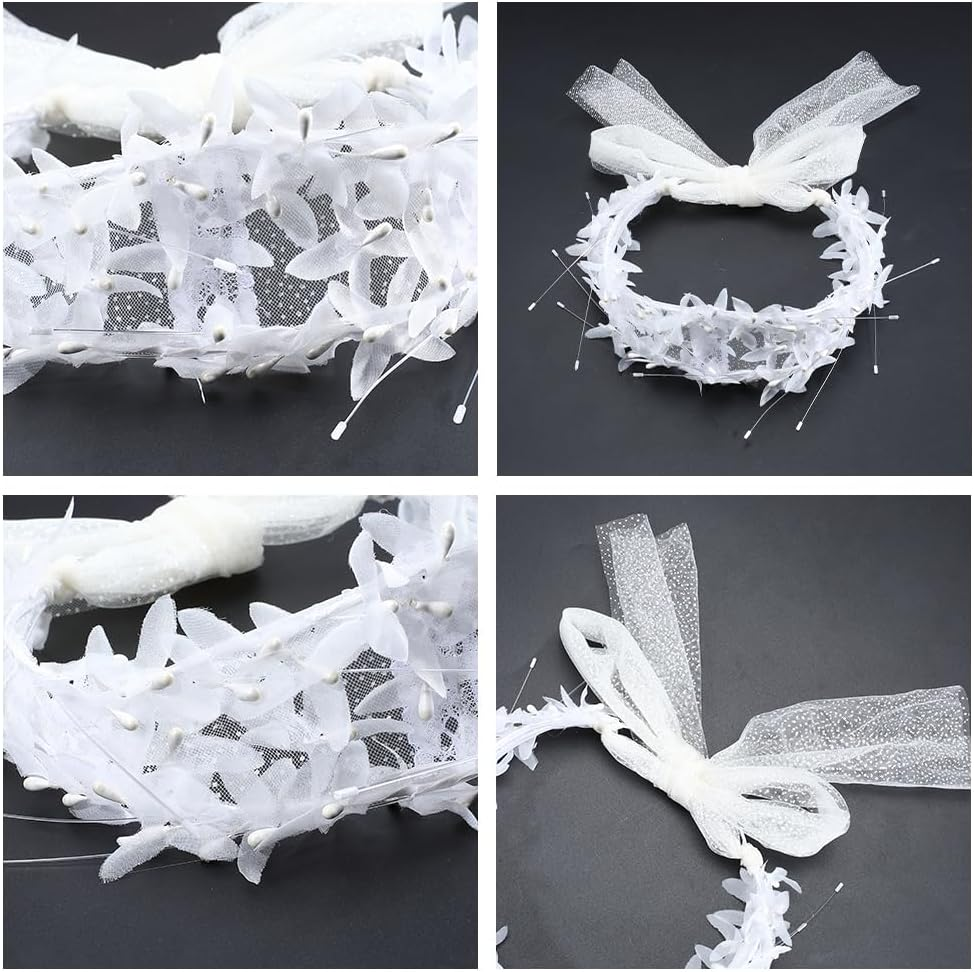 CABODYALS White Pearl Beads Mesh Headpiece Bridal Boho Fairy Headband Wedding Vintage Jewellery Hair Vine Bowknot Tulle Headbands for Women Dresses Birthday Party Halloween Cosplay Accessories image number 2