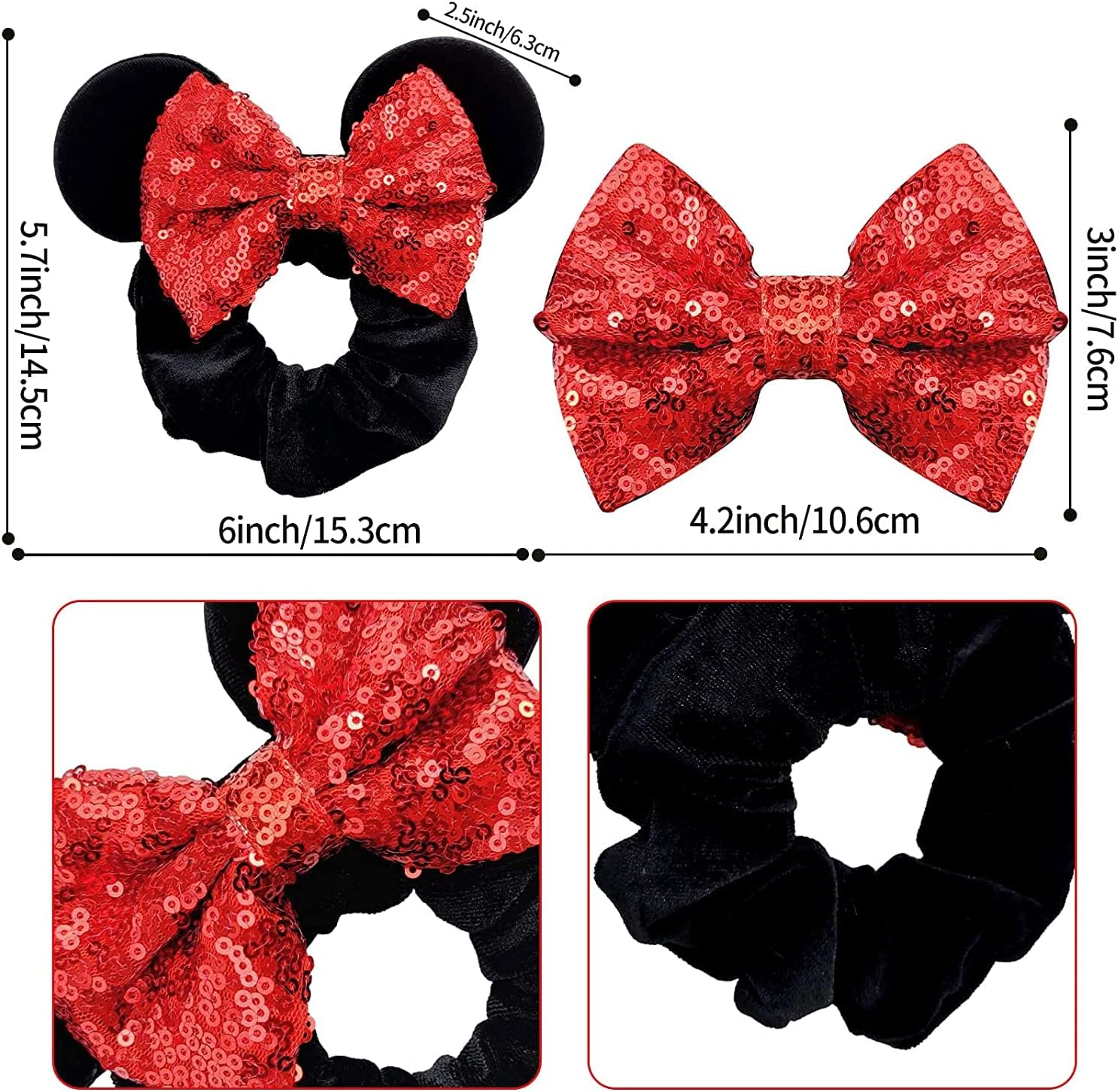 3Pcs Mouse Ear Sequins Scrunchies,Mouse Ears Hair Scrunchies Velvet Sparkle Sequin Hair Ties Elastic Hair Bands Ropes Ponytail Holder Bow,Mouse Ears Velvet Scrunchies Bows Hair Bands Hair Ties image number 1