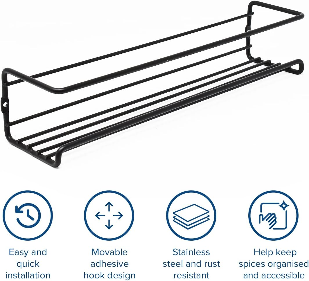 Joeji'S Kitchen Black 2-Tier Spice Shelf Herb Rack - Seasoning Organiser for Kitchen - Wall Hanging Spice Rack Organiser - Spice Rack for Spices, Condiments, Cooking Tools - Black image number 6