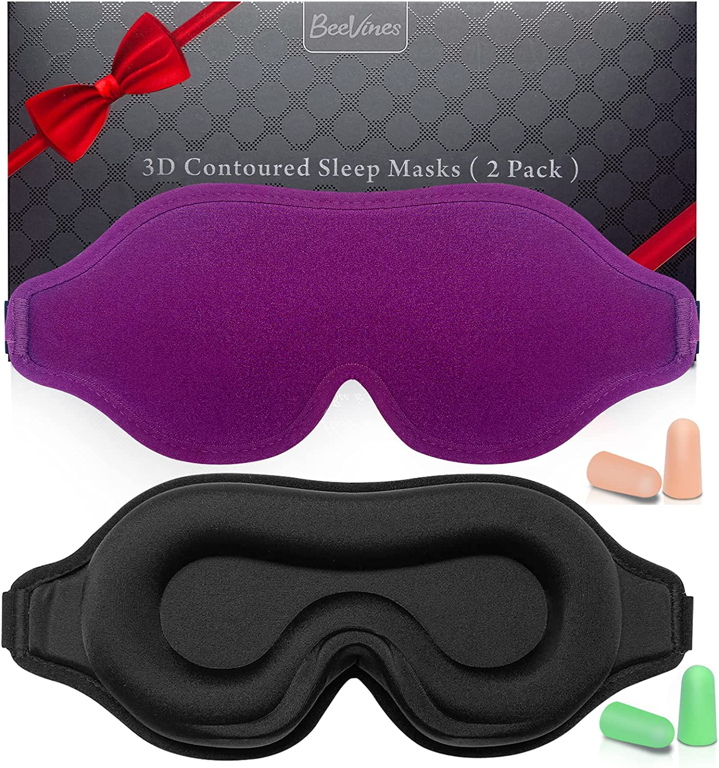 Sleep Mask for Men & Women, 2 Pack 3D Contoured Eye Mask for Sleeping with Adjustable Strap, Beevines Molded Night Sleep Mask Blindfold, Soft Breathable Shade Cover for Travel Yoga Nap（Black & Purple）