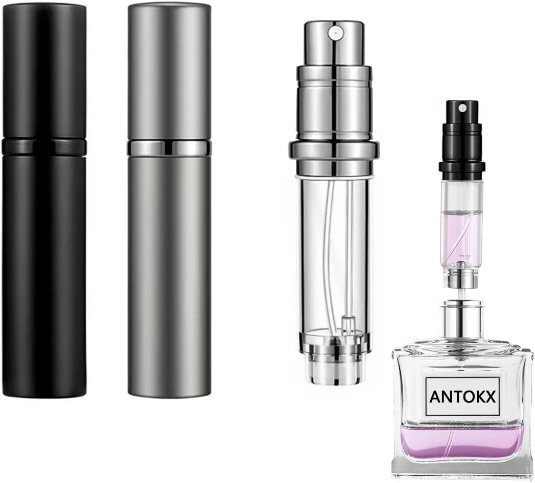 Travel Perfume Refillable Bottle Atomiser - 2-Pack 5ML ANTOKX Perfume Atomiser, Pocket Perfume Dispenser, Scent Pump Case, Leakproof Portable Perfume Sprayer for Women and Men (Black & Grey)