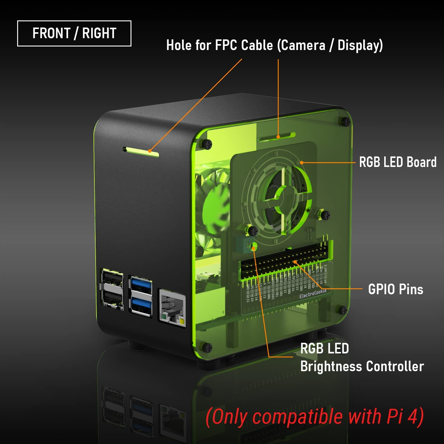 Electrocookie Raspberry Pi 4 Case, Aluminum Mini Tower Case with Cooling Fan and Color Changing Ambient Light (Black Neon) image number 6