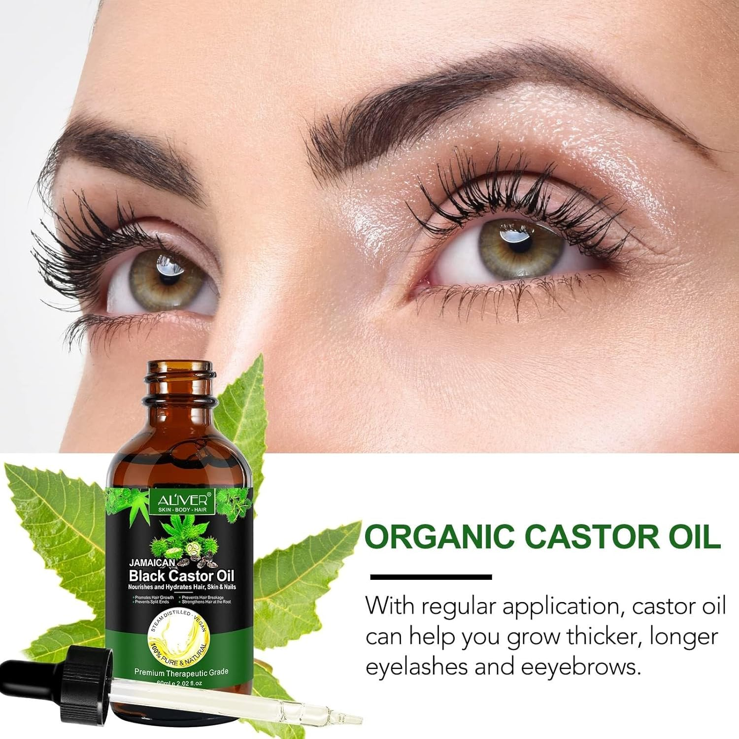 2PACK Jamaican Black Castor Oil, Pure Cold Pressed Castor Oil for Eyebrows, Eyelashes, Hair Growth, Nails, and Skin with 2PACK Set of Eyebrow & Eyeliner Brushes 120Ml
