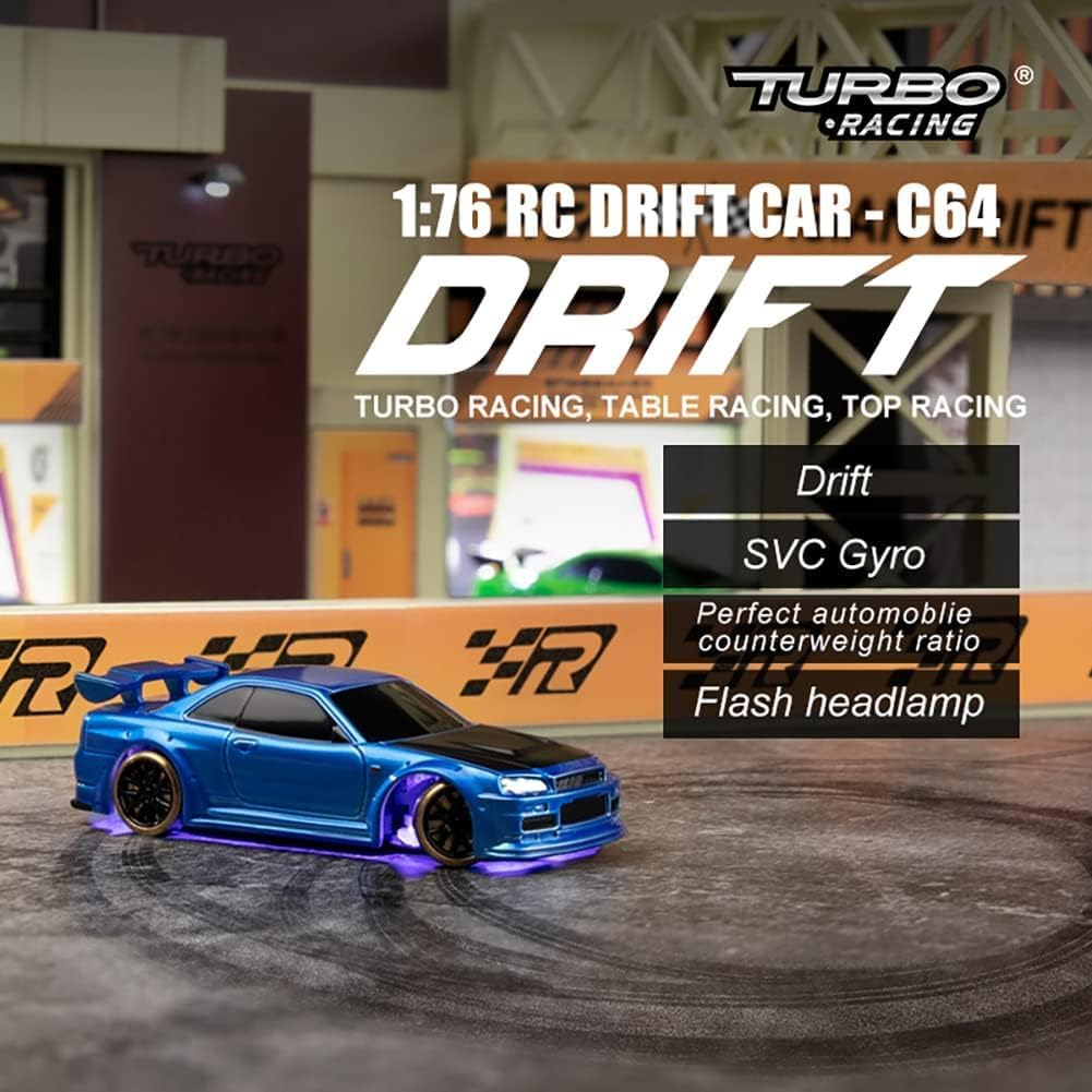 Turbo Racing 1:76 Scale Drift RC Car with Gyro Mini Full Proportional RTR 2.4GHZ Remote Control with 2 Replaceable Body Shell (C64 Blue-Drift) image number 3