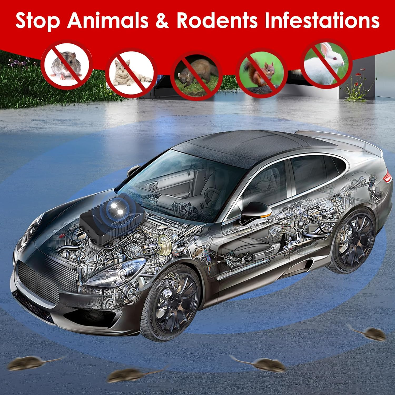 2 Pack Ultrasonic Rat Repeller for Car Engines under Hood Animal Repeller Battery Powered Rat Deterrent with LED Strobe Lights Car Truck RV Rodent Defense Vehicle Protection image number 1