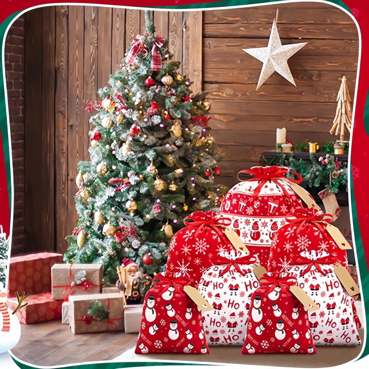 10Packs Christmas Drawstring Gift Bags with Tags, Red White Xmas Fabric Wrapping Bag for Presents Party Favors Decor Goody image number 2