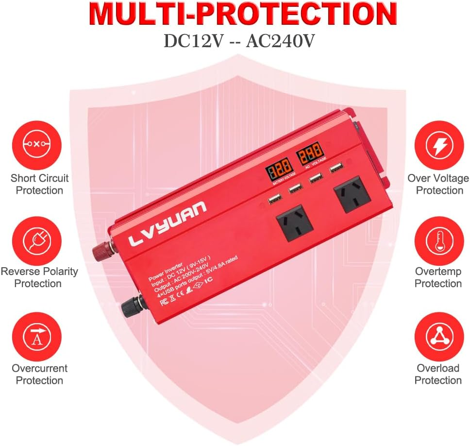 Yinleader Inverter 1000W Car Power Inverters 12V DC to 240V AC Converter with 4 AC Outlet 4 USB, 12 Volt Invertor Car Cigarette Lighter Inverter for Vehicles image number 1