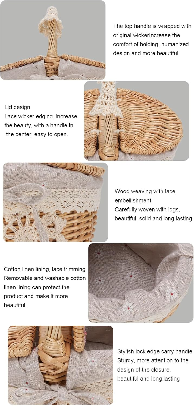 Wicker Picnic Basket with Removable Liner, Empty Picnic Hamper with Lid and Handle for Outdoor Camping, Wicker & Linen Cotton, 25.5X18X25Cm (Daisy) image number 4