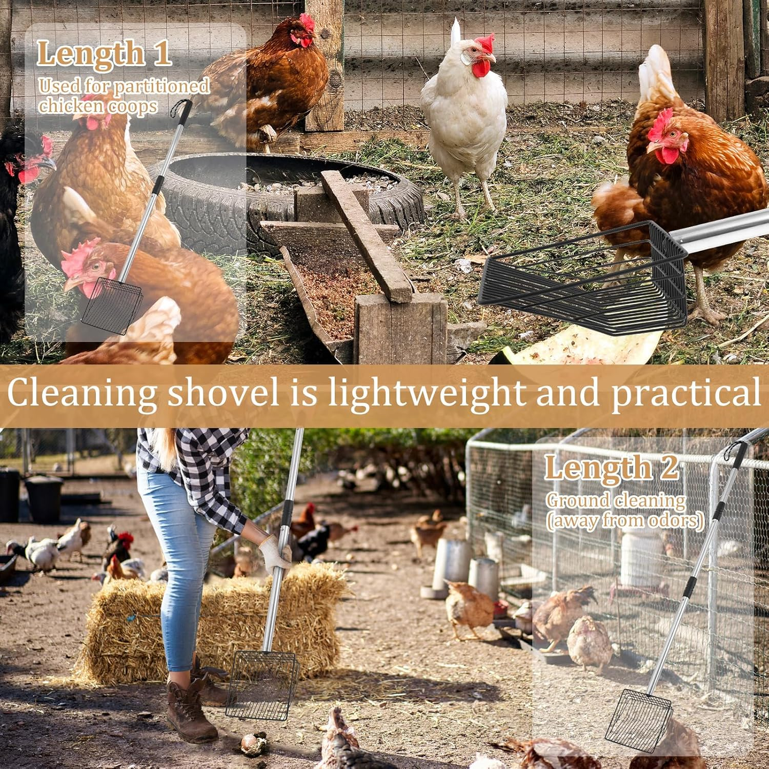 Chicken Poop Scooper, Metal Chicken Litter Scooper Handle with 80 to 110Cm Long Handle, Litter Scooper Sifting Shovel Chicken Coop Accessories for Chick Pet Cat Dog image number 6