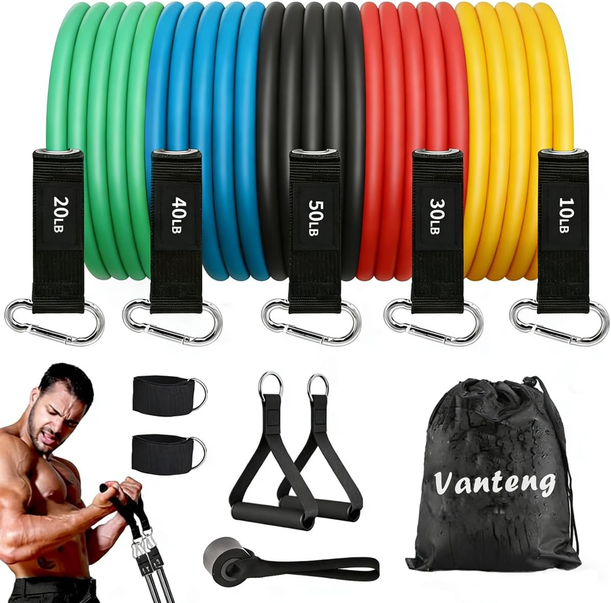 Vanteng Resistance Bands, Exercise Bands for Working Out with Handles, Elastic Workout Bands for Men Women, Exercising Bands for Fitness, Strength Training Home Gym Equipment