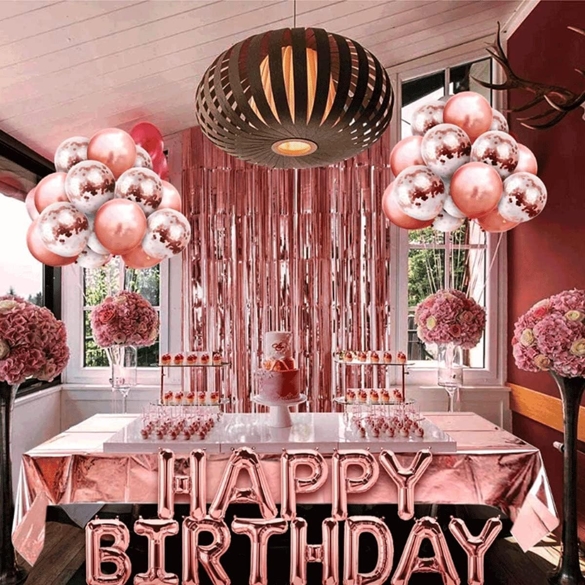 Rose Gold Balloons Party Decorations Supplies for Birthday, Wedding Decorations, Including Happy Birthday Banner, Sequin Table Runner, Rose Gold Balloons, Foil Fringe Curtains image number 3