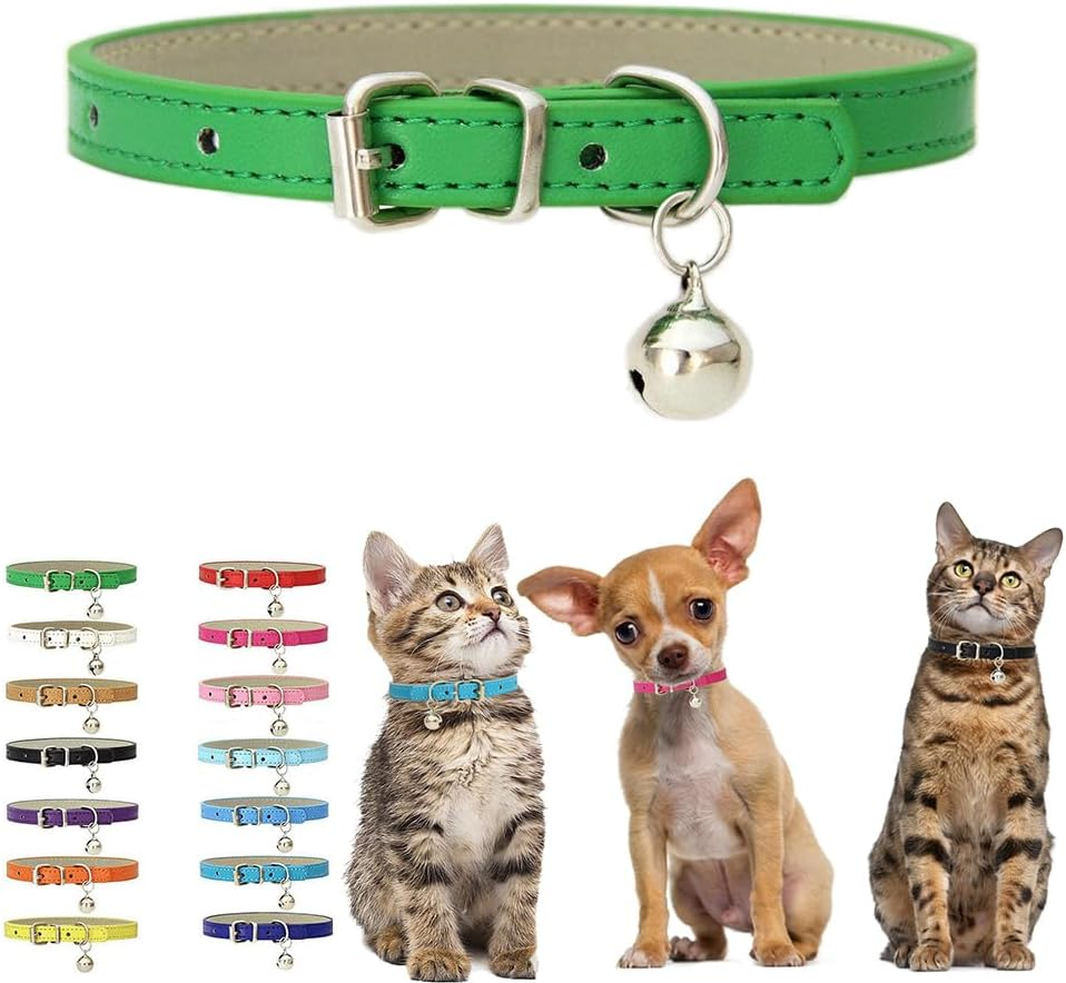 Khaki XS Dog Collar with Bell, Soft Pu Leather Kitten Dog Collars Adjustable Buckle for XXS XS Extra Small Medium Tiny Female Male Boys Girls Pets Puppy Cats Teacup Yorkie X-Small