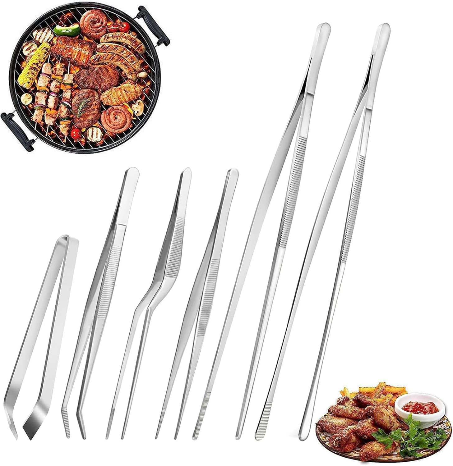 6 Pcs Cooking Tweezers, Multifunctional Stainless Steel Kitchen Tweezer Set, Professional Chef Tweezers for Cooking, Plating, Sea Food, BBQ, Multi-Use（12 in and 6.3 in ） image number 5