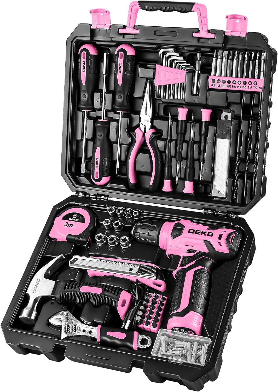 DEKOPRO Drill Set, Home Tool Set with 8V Pink Cordless Drill, Hand Tool Kit for Women, 126 Pcs image number 5