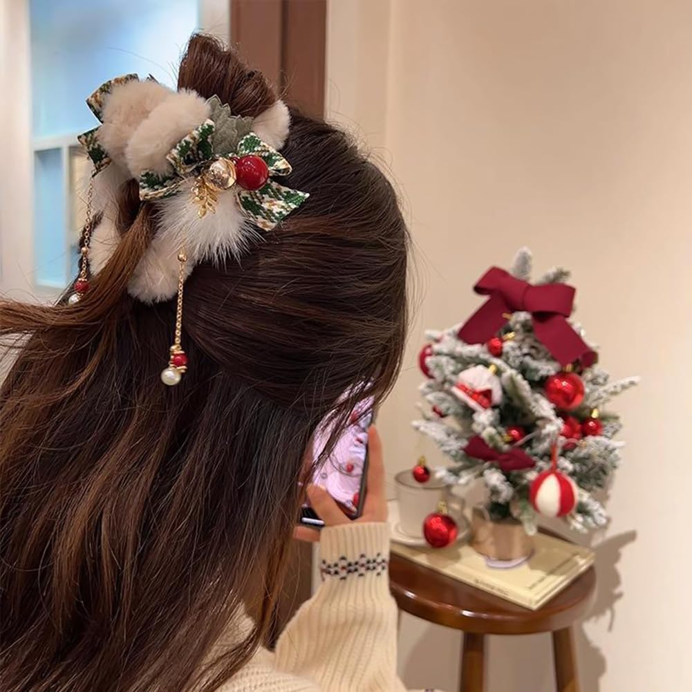 2 PACK Plush Hair Claw Clips with Tassels, Xmas Plaid Bows Hairpins Nonslip Claw Clip with Bells for Women Christmas Hair Claws image number 3