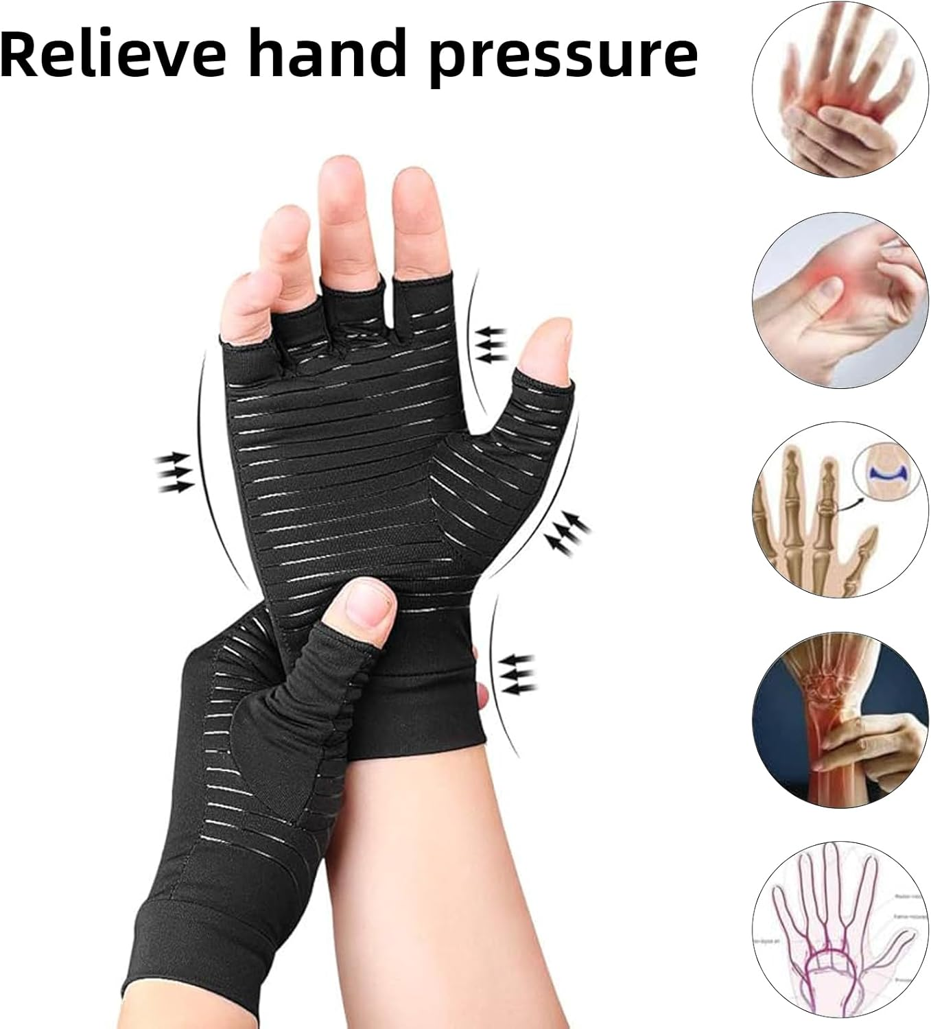 1 Pair Compression Gloves, Copper Arthritis Gloves for Women & Men - Relieve Joint Pain, Carpal Tunnel, Rheumatoid Arthritis, Swelling & Fatigue, Hand Brace Support image number 3