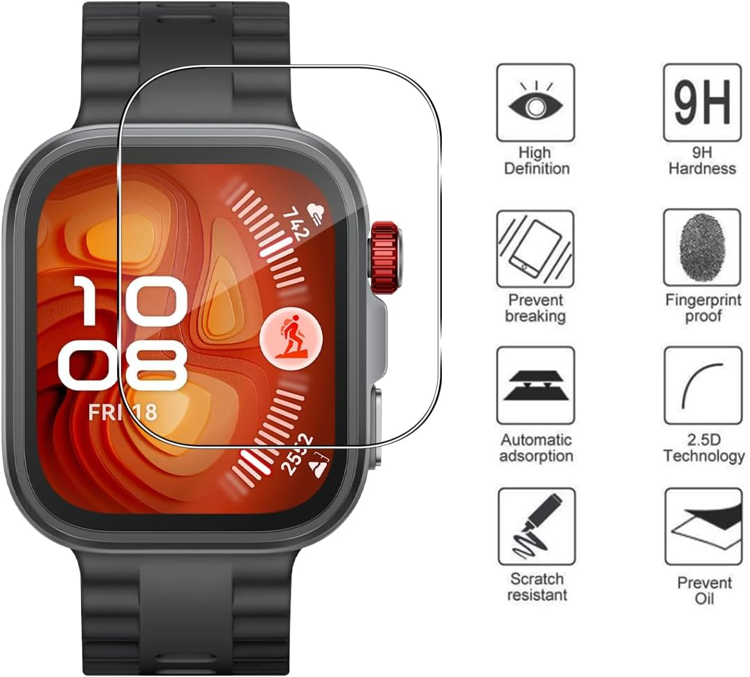 GEEMEE Pack of 3 Tempered Glass Screen Protectors for Huawei Watch Fit 4 Pro, Waterproof Tempered Glass Film, 9H Screen Protector, HD Anti-Scratch Screen Protector, Shatterproof, Bubble-Free Screen