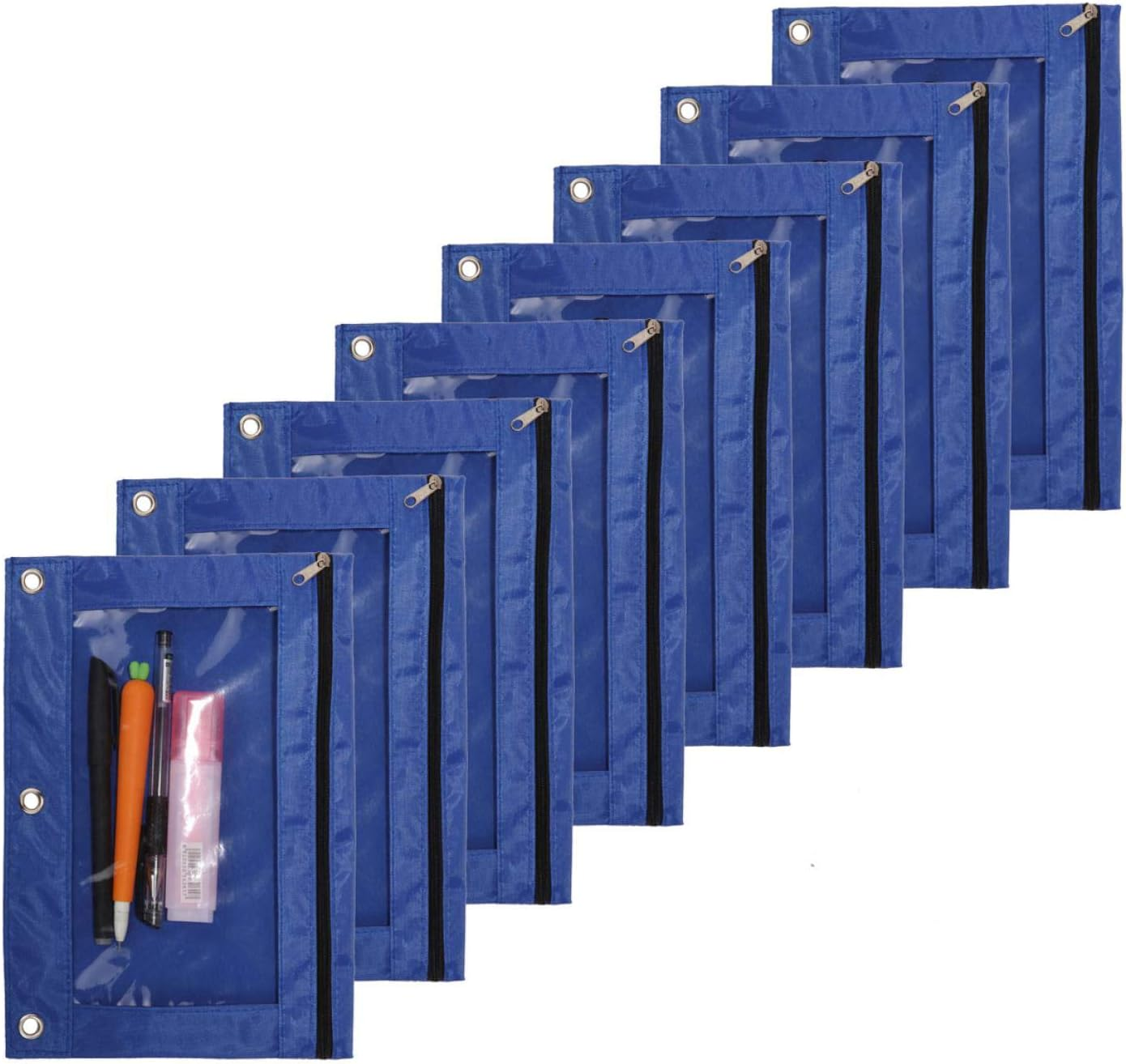 Zippered Pen Pencil Binder Pouch 3 Rings with Clear Window for School Classroom Organizers 8 Pcs (Orange)