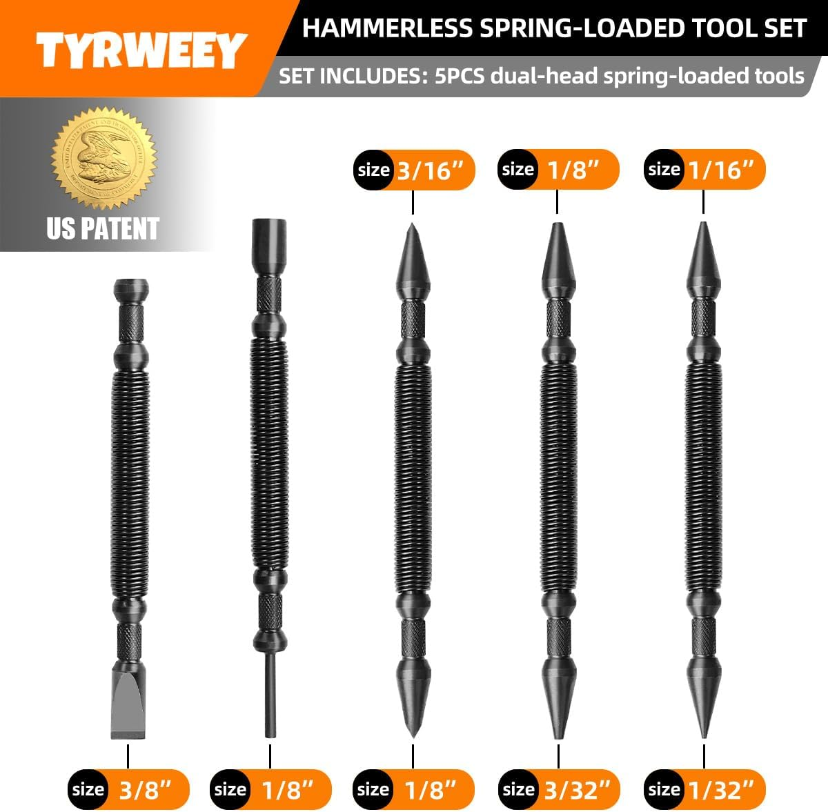 TYRWEEY 5-Piece Nail Setter Dual Head Nail Set & Dual Head Center Punch & Hinge Pin Remover Punch Set, Spring Loaded Center Hole Punch, Nail Setter Features 1/8-In, 3/32-In, 3/16-In, 1/16-In, 1/32-In - 1Pc 1/8  3/16 Center Punch image number 6