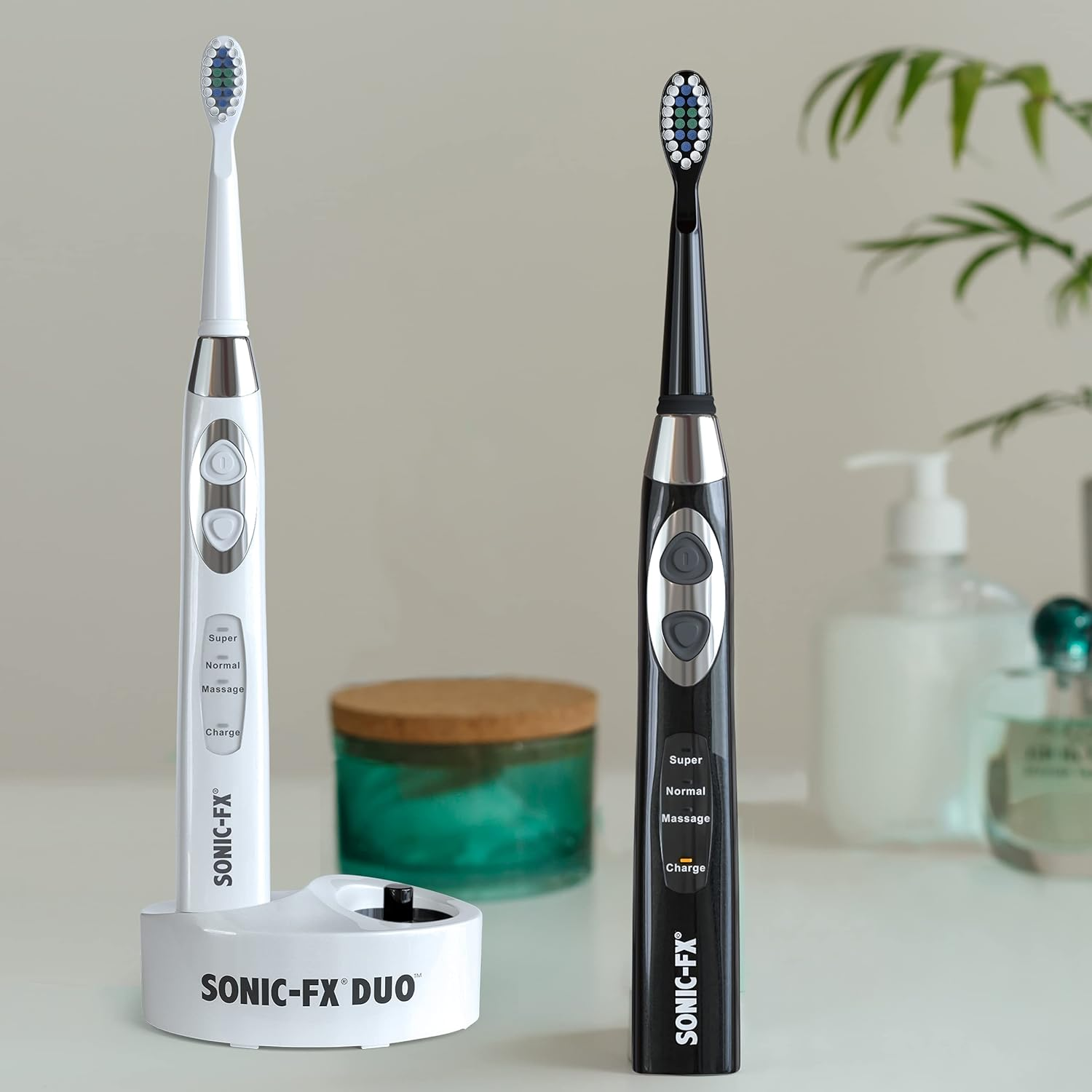 Sonic-Fx DUO Dual Handle Whitening Electric Toothbrushes - 3 Modes with Smart Timers - 12 Brush Heads & 2 Interdental Heads with Charging Dock (His & Hers)