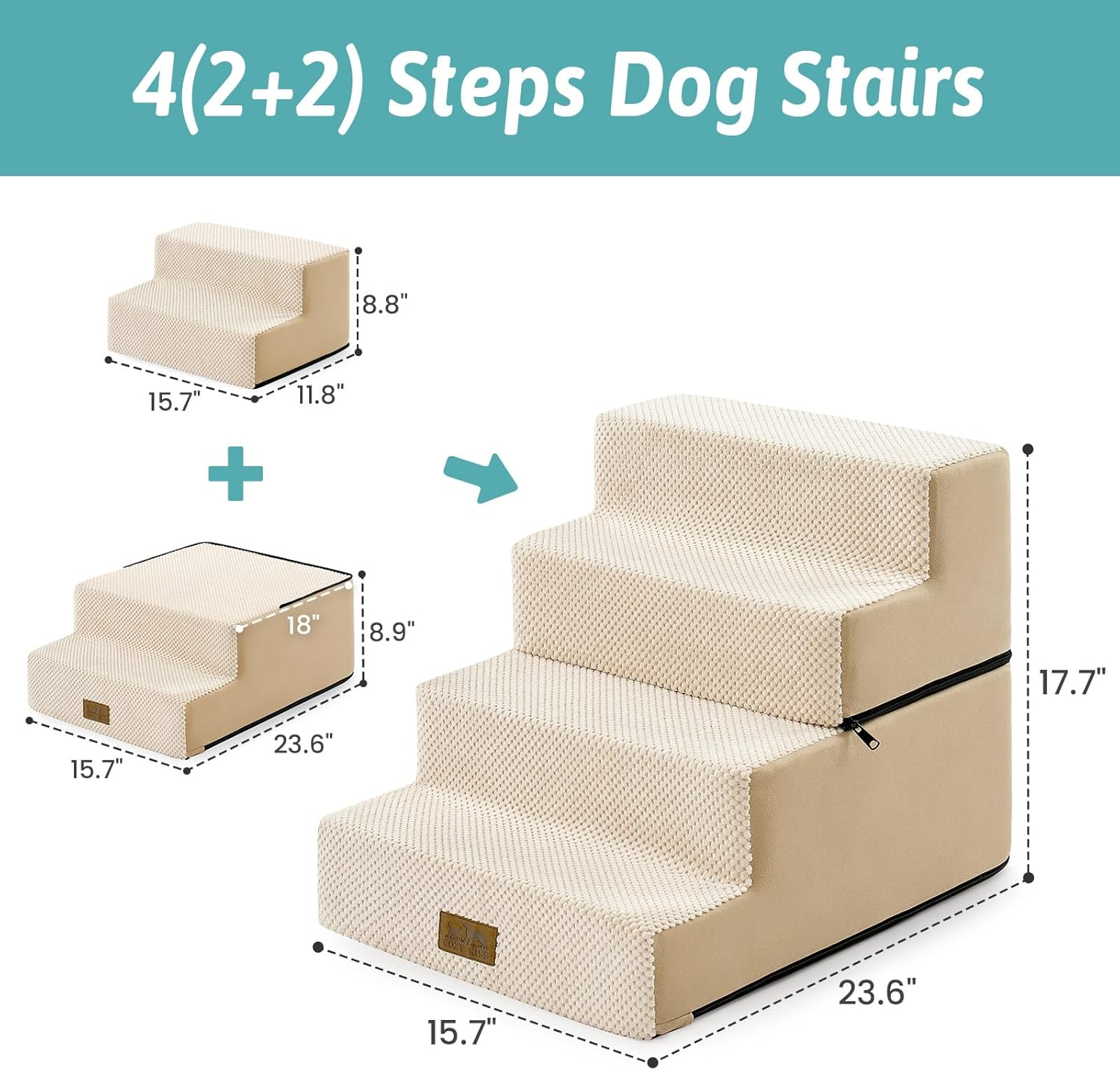 Cozy KISS 4 Tier Removable Pet Stairs, 15.7X23.6X17.7 Inch, Beige - Gray image number 2