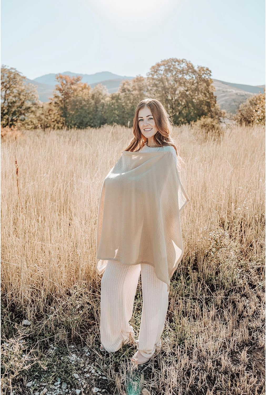 Muslin Nursing Cover for Baby Breastfeeding, Breathable Cotton Breastfeeding Covers with Rigid Hoop for Mother Nursing Apron, Multi-Use as Car Seat Canopy and Stroller Cover(Color:Khaki) image number 1