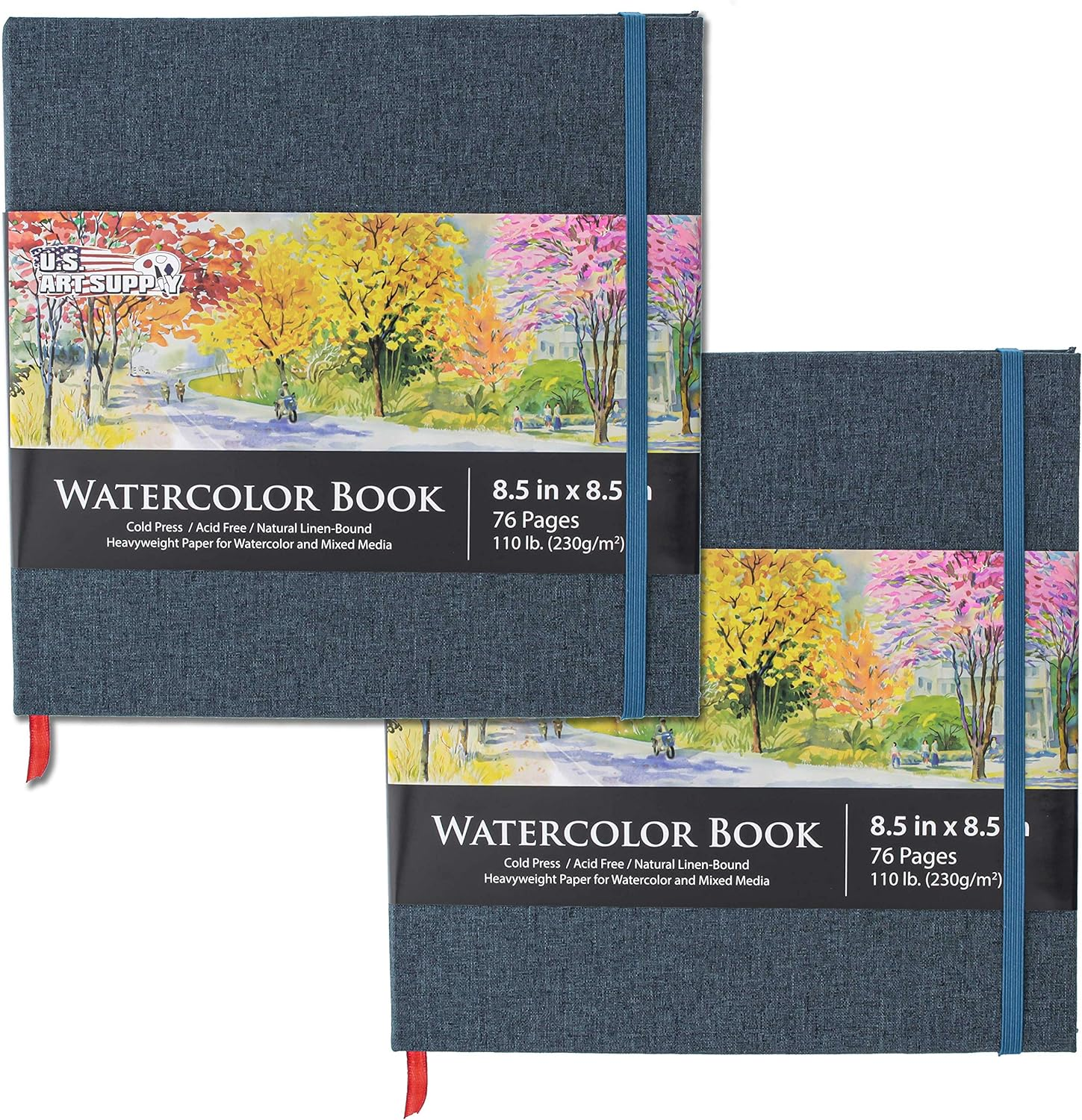 U.S. Art Supply 8.5" X 8.5" Watercolor Book, 2 Pack, 76 Sheets, 110 Lb (230 GSM) - Linen-Bound Hardcover Artists Paper Pads - Acid-Free, Cold-Pressed, Brush Painting & Drawing Sketchbook Mixed Media