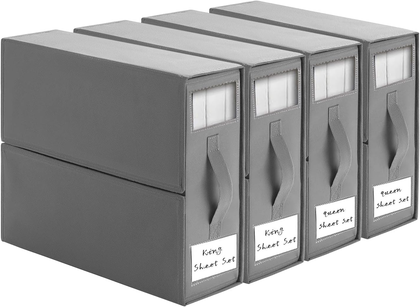 BDZBREN Bed Sheet Organiser and Storage, Foldable Bedsheet Organizer for Linen Closet, Sheet Set Organiser with Window XL (Queen & King Size) Organizing Bedding Container Box (4 PACK, Grey)